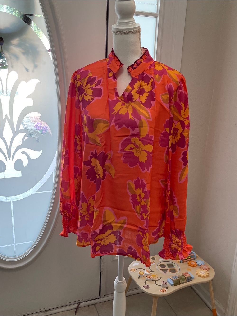 Grace Karin Vibrant Floral V-Neck Blouse in Orange, Pink and Yellow